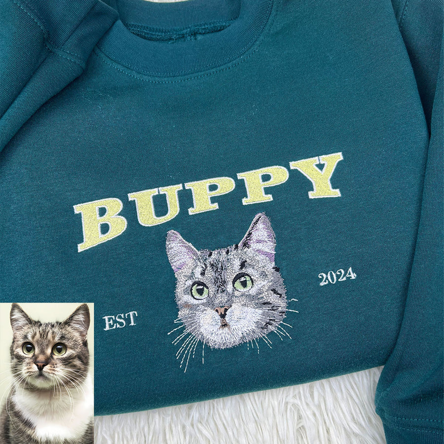 Custom Embroidered Pet Portrait Crewneck Sweatshirt, Unique Pet Gift