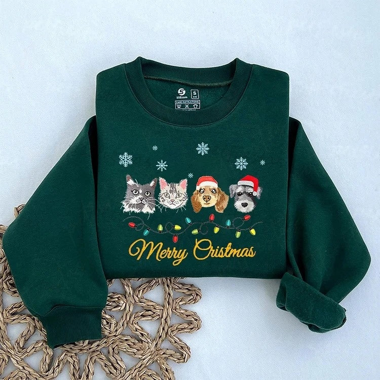 Custom Pet Portrait Christmas Sweatshirt with Snowflake and Christmas Lights Embroidery