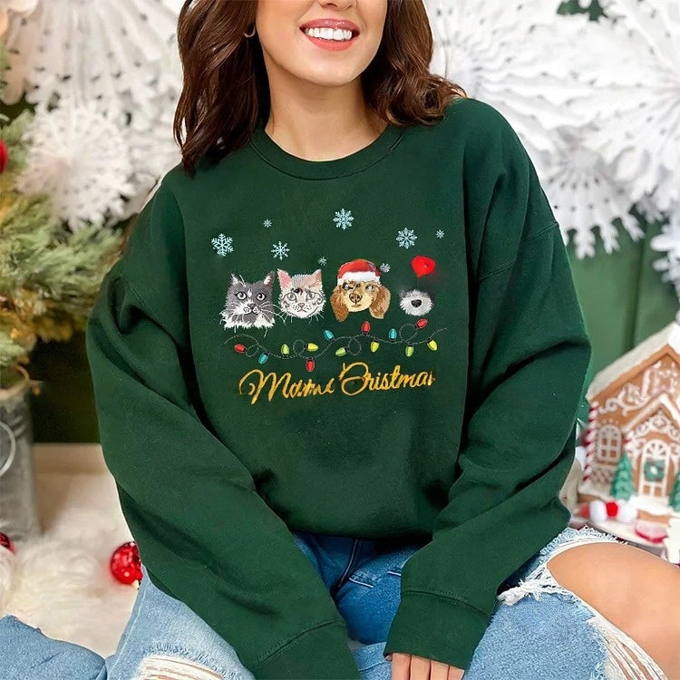 Custom Pet Portrait Christmas Sweatshirt with Snowflake and Christmas Lights Embroidery