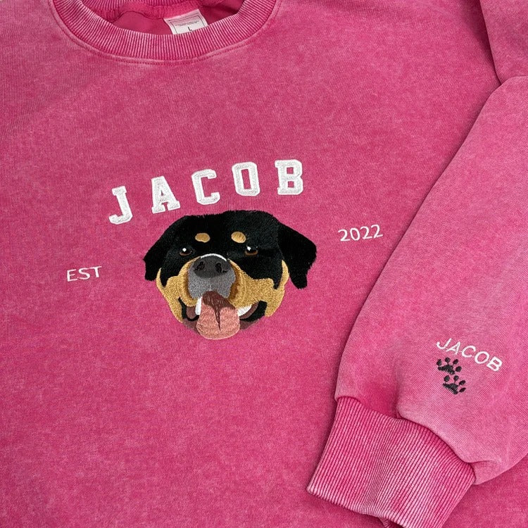 Custom Pet Photo & Name Embroidered Vintage Washed Sweatshirt T-Shirt Hoodie