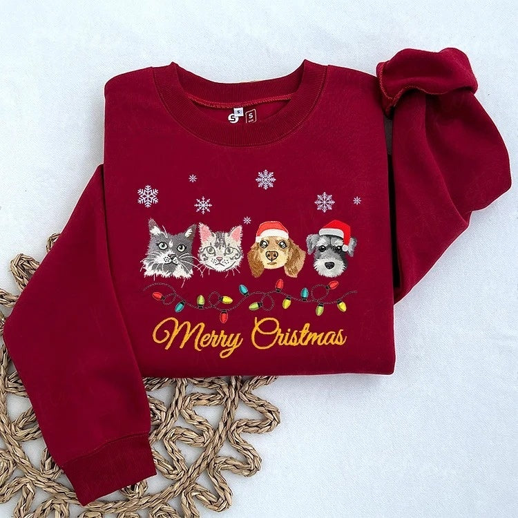 Custom Pet Portrait Christmas Sweatshirt with Snowflake and Christmas Lights Embroidery