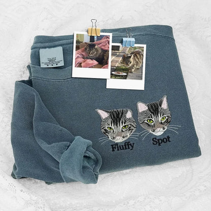 🐶🐱🐎 Full Color Pet Portrait Embroidered Sweatshirt – Custom Dog, Cat & Horse Face with Name/Date