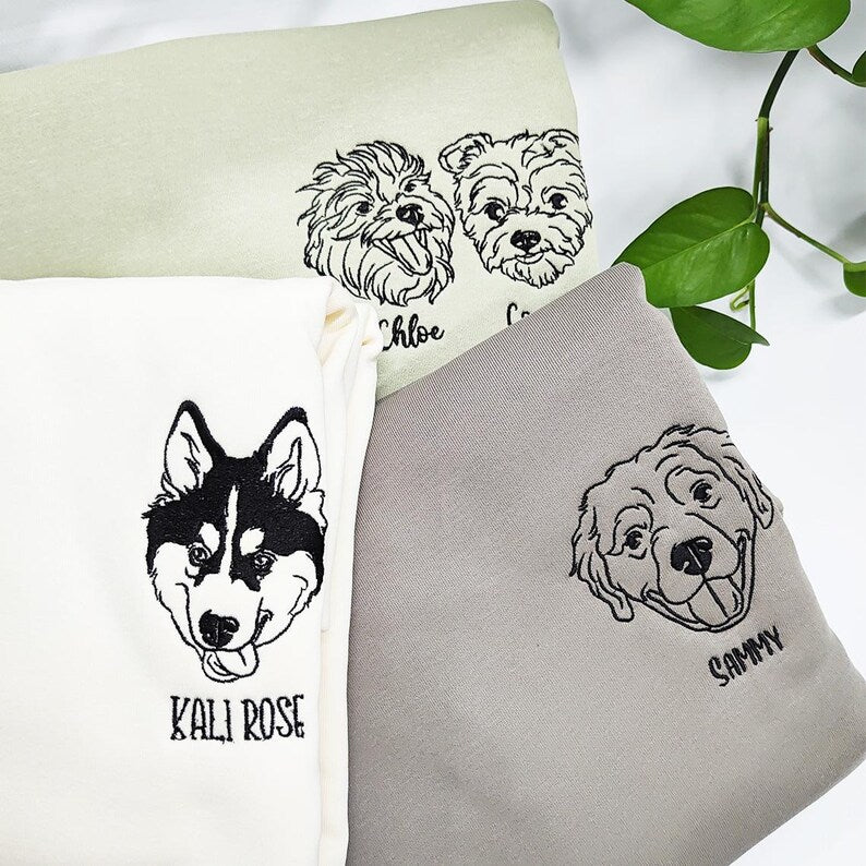 Custom Embroidered Dog Face Sweatshirt from Your Photo with Dog Names on Sleeve