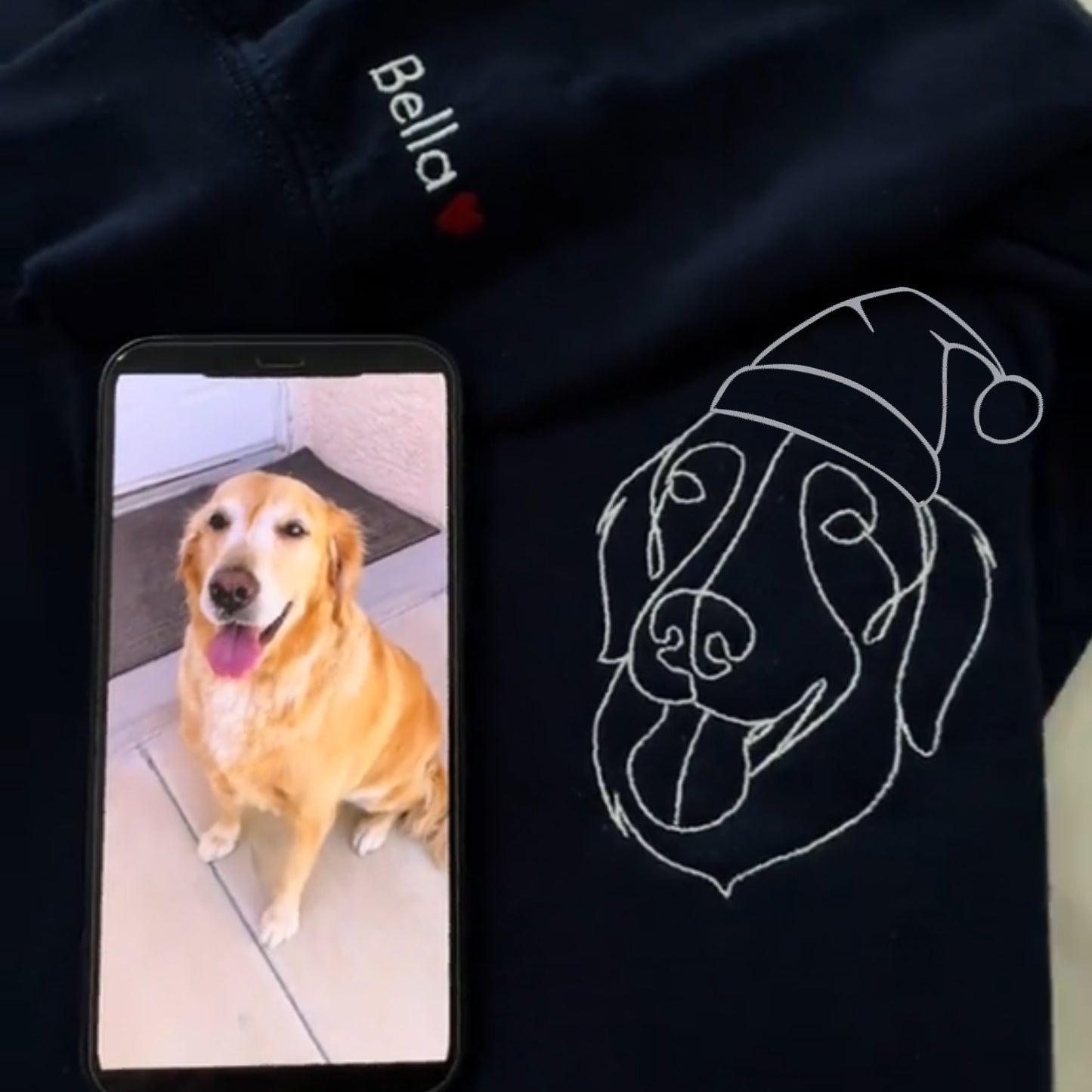 Custom Christmas Pet Face Sketch Embroidered Fleece Hoodie with Santa Hat