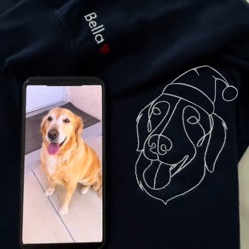 Custom Christmas Pet Face Sketch Embroidered Fleece Hoodie with Santa Hat