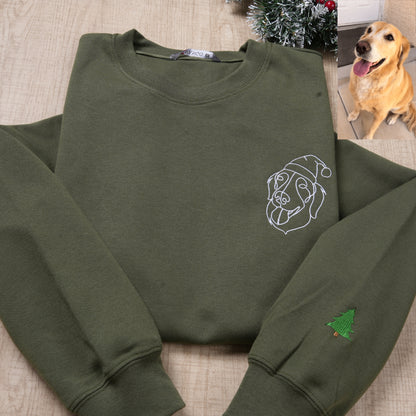 Custom Christmas Pet Face Sketch Embroidered Fleece Hoodie with Santa Hat