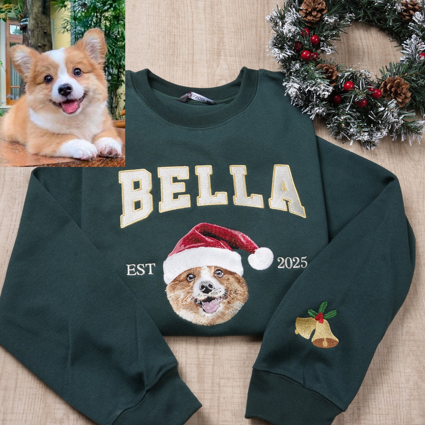 Custom Christmas Preppy Embroidered Pet Portrait Fleece Sweatshirt Hoodie