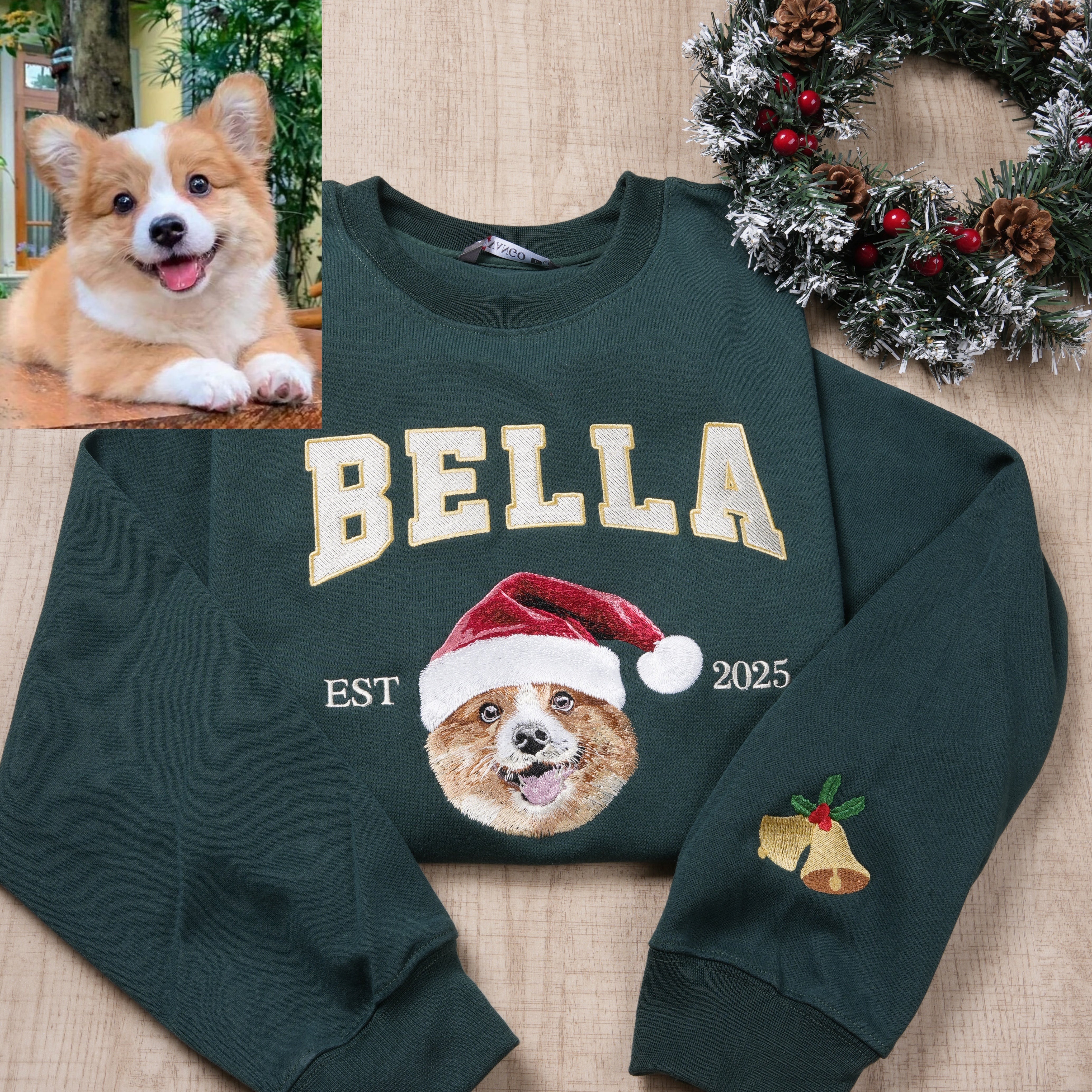 Custom Christmas Preppy Embroidered Pet Portrait Fleece Sweatshirt Hoodie