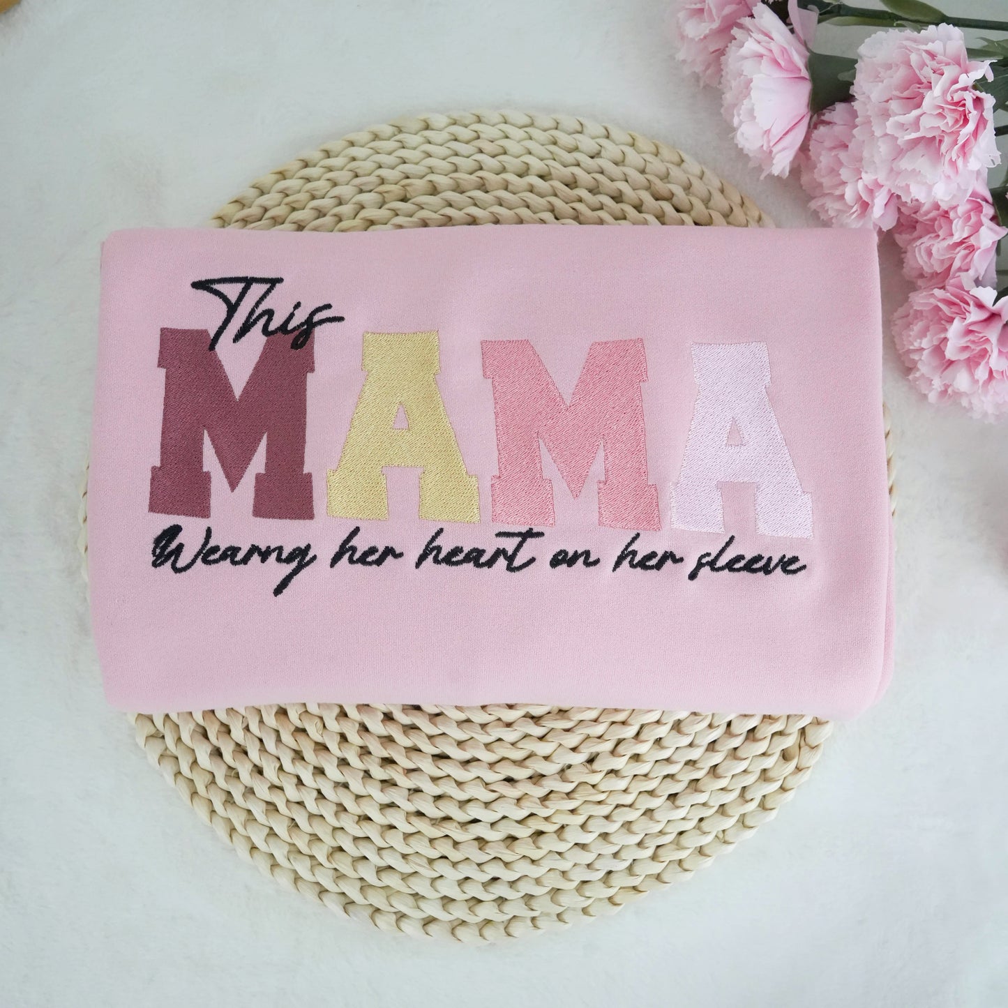 Embroidered Custom Mom Wears Her Heart On Her Sleeve T-Shirts, Sweatshirts, Hoodies