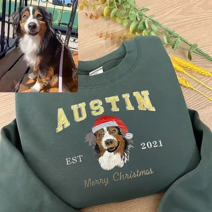 Custom Christmas Preppy Embroidered Pet Portrait Fleece Sweatshirt Hoodie