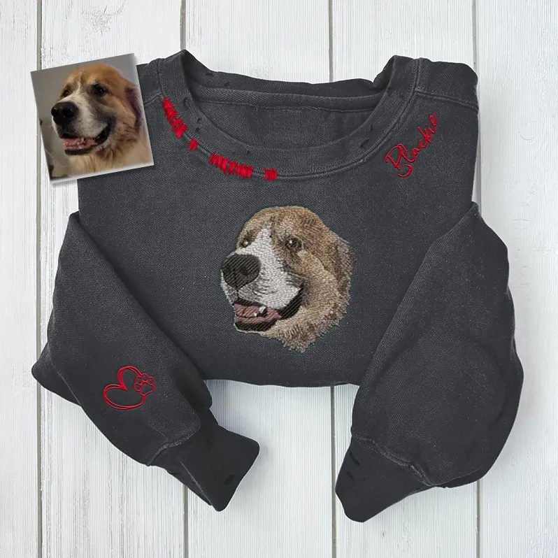 VINTAGE CUSTOM CREW-Custom Pet,Dog,Cat Face Full Color Embroidered Hand Distressed Crew Neck Sweatshirt