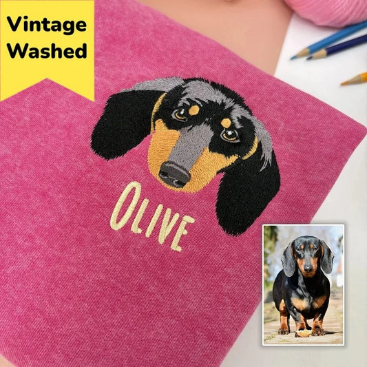 Custom Pet Portrait Embroidered Vintage Washed Sweatshirt T-Shirt Hoodie
