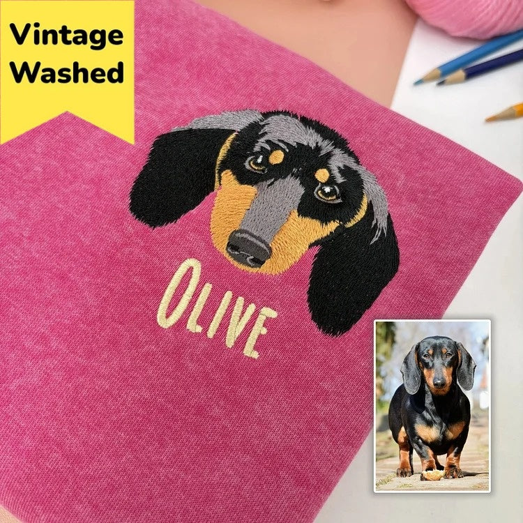 Custom Pet Portrait Embroidered Vintage Washed Sweatshirt T-Shirt Hoodie
