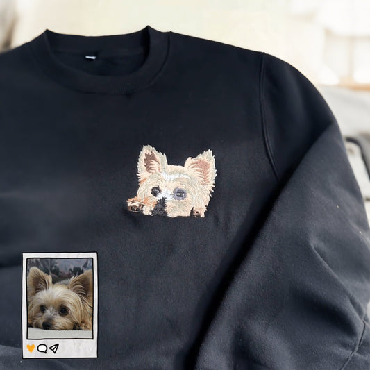 Full Color Pet Portrait Embroidered Sweatshirt, Hoodie – Custom Dog, Cat Face with Name/Date