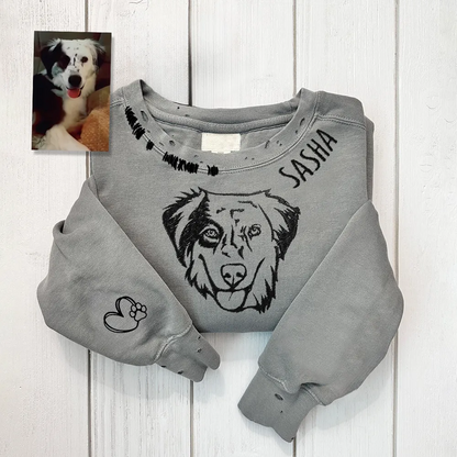 VINTAGE CUSTOM CREW-Custom Pet,Dog,Cat Face Outline Embroidered Hand Distressed  Sweatshirt