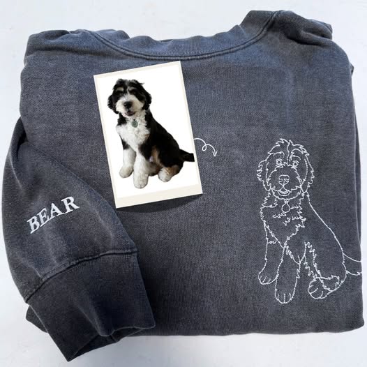 Custom embroidered sweatshirts, full-body pet sketches embroidered