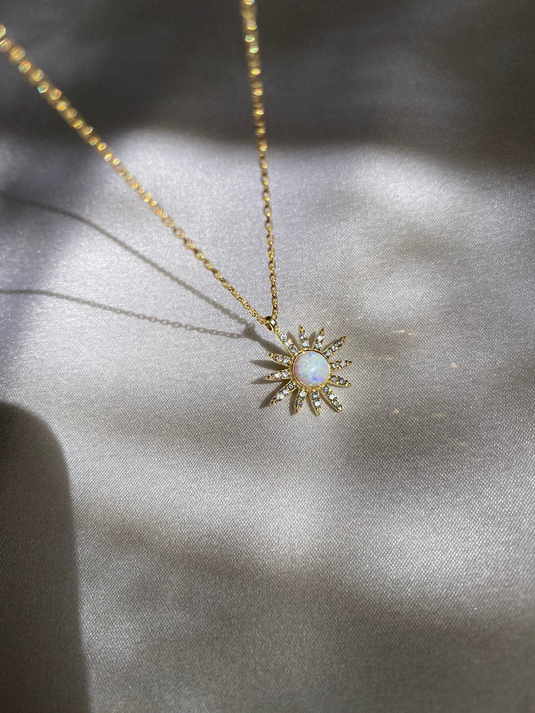 925 Sterling Silver Opal Stone Sun Necklace, Celestial Jewelry, Necklace for women, Opal Charm Necklace, Tiny Rainbow Opal Sun, Natural Opal