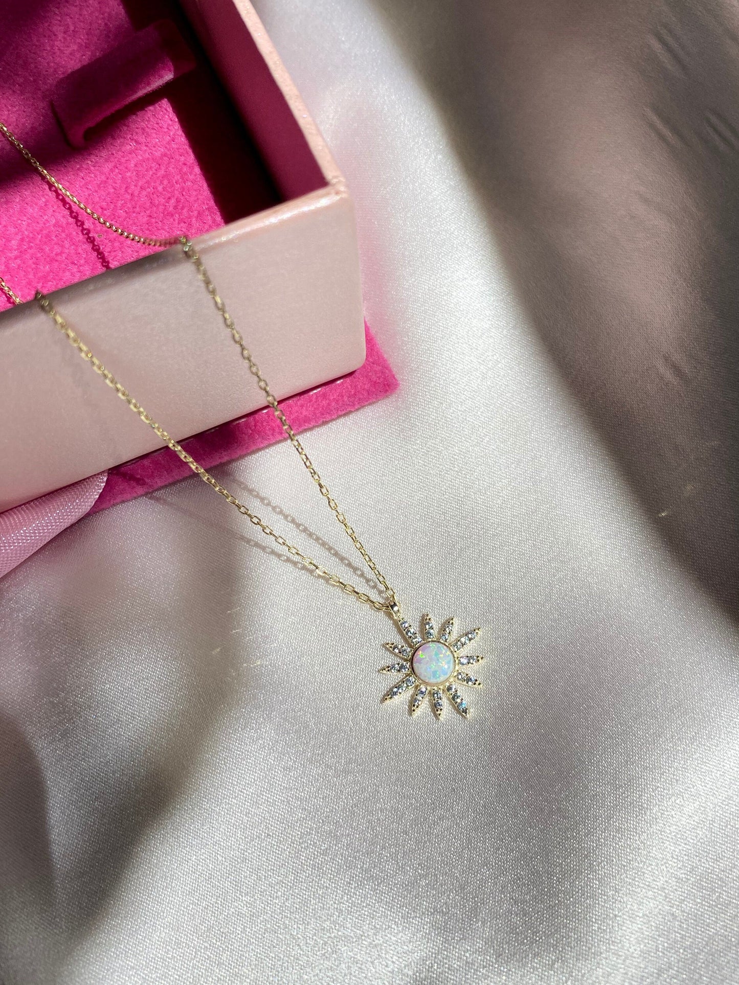 925 Sterling Silver Opal Stone Sun Necklace, Celestial Jewelry, Necklace for women, Opal Charm Necklace, Tiny Rainbow Opal Sun, Natural Opal