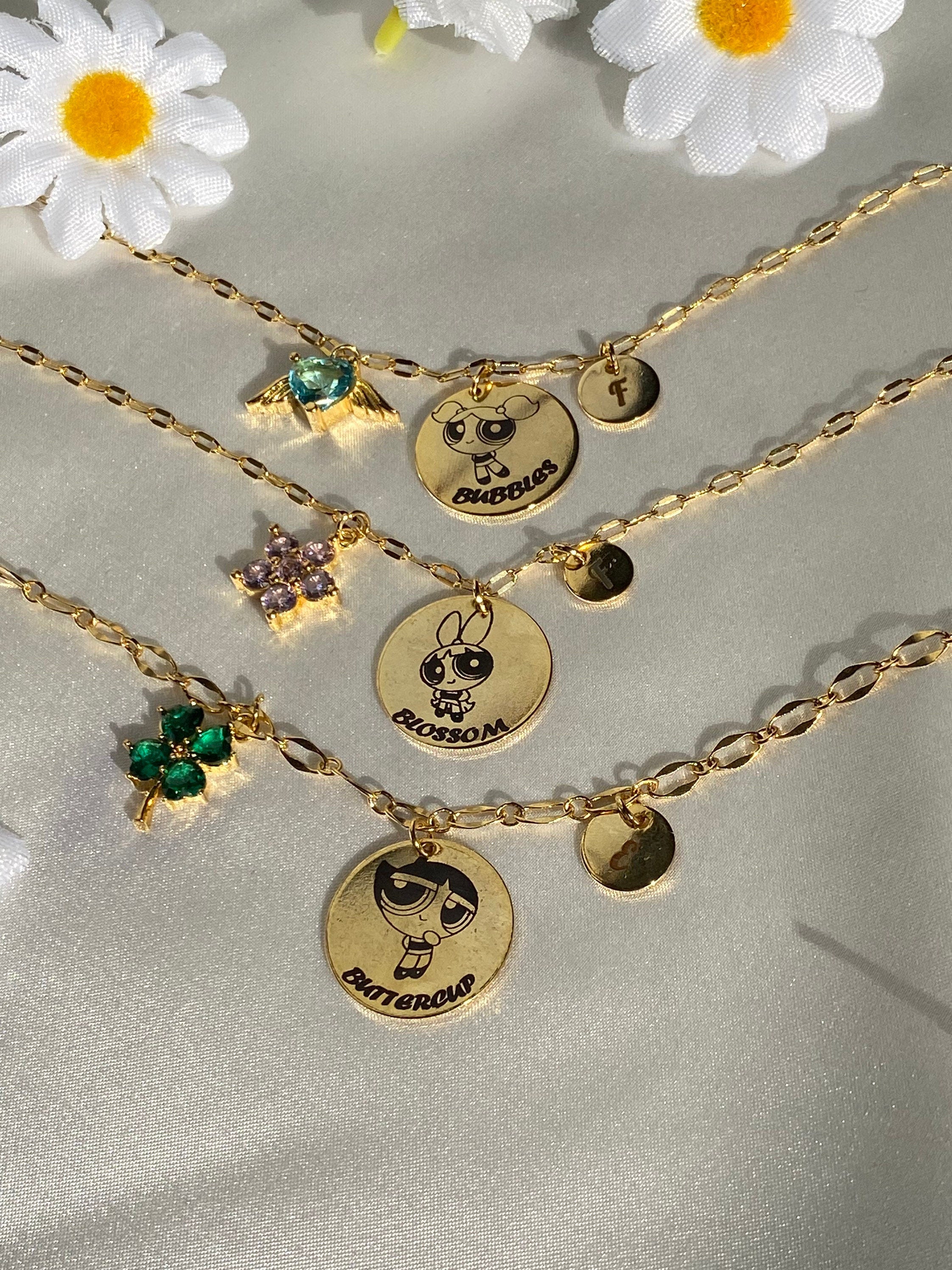 24k Gold Plated Powerpuff Girls BFF Necklace, Bubbles Buttercup Blossom Necklace, Customize Friendship , Personalized Friend Gift Jewelry