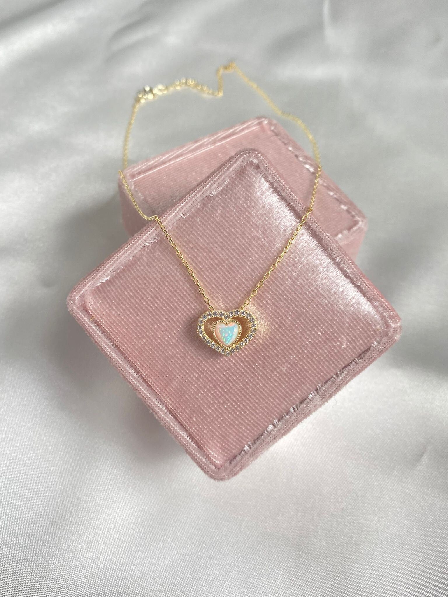 925 Rainbow Opal Stone Heart Necklace, Zircon Filled Heart, October Necklace, Trendy Bridal Jewelry, OPAL Heart Charm Necklace