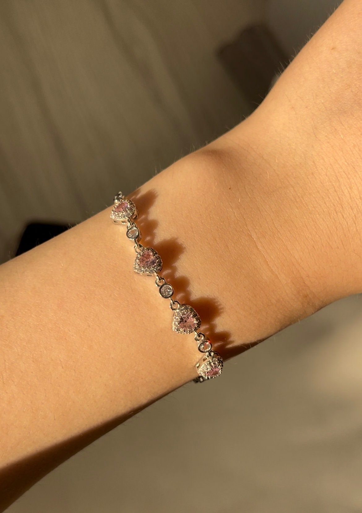 925 Sterling Silver Pink Heart Love Bracelet, Multi Shine Pretty Heart Valentines Day Gift Idea Bracelet, Full Stoned Pink Heart