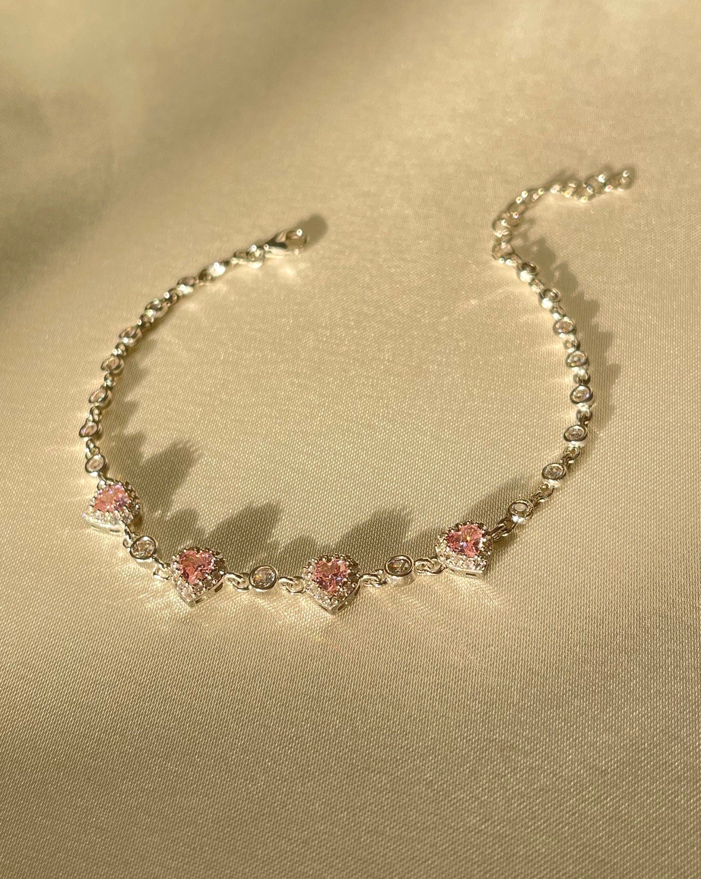 925 Sterling Silver Pink Heart Love Bracelet, Multi Shine Pretty Heart Valentines Day Gift Idea Bracelet, Full Stoned Pink Heart