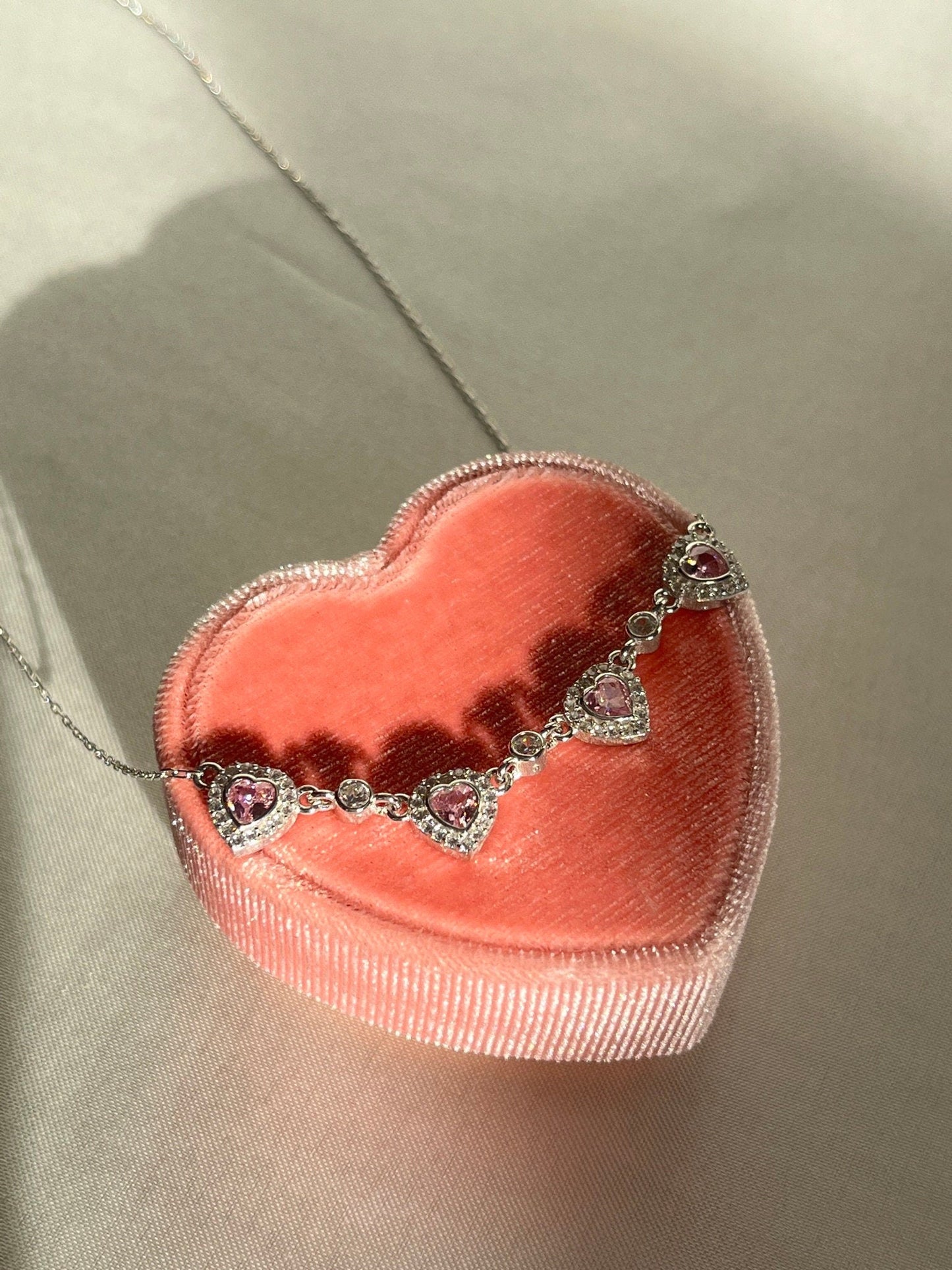 925 Sterling Silver Pink Heart Necklace, Glamy Necklace, Pretty Necklace Gift